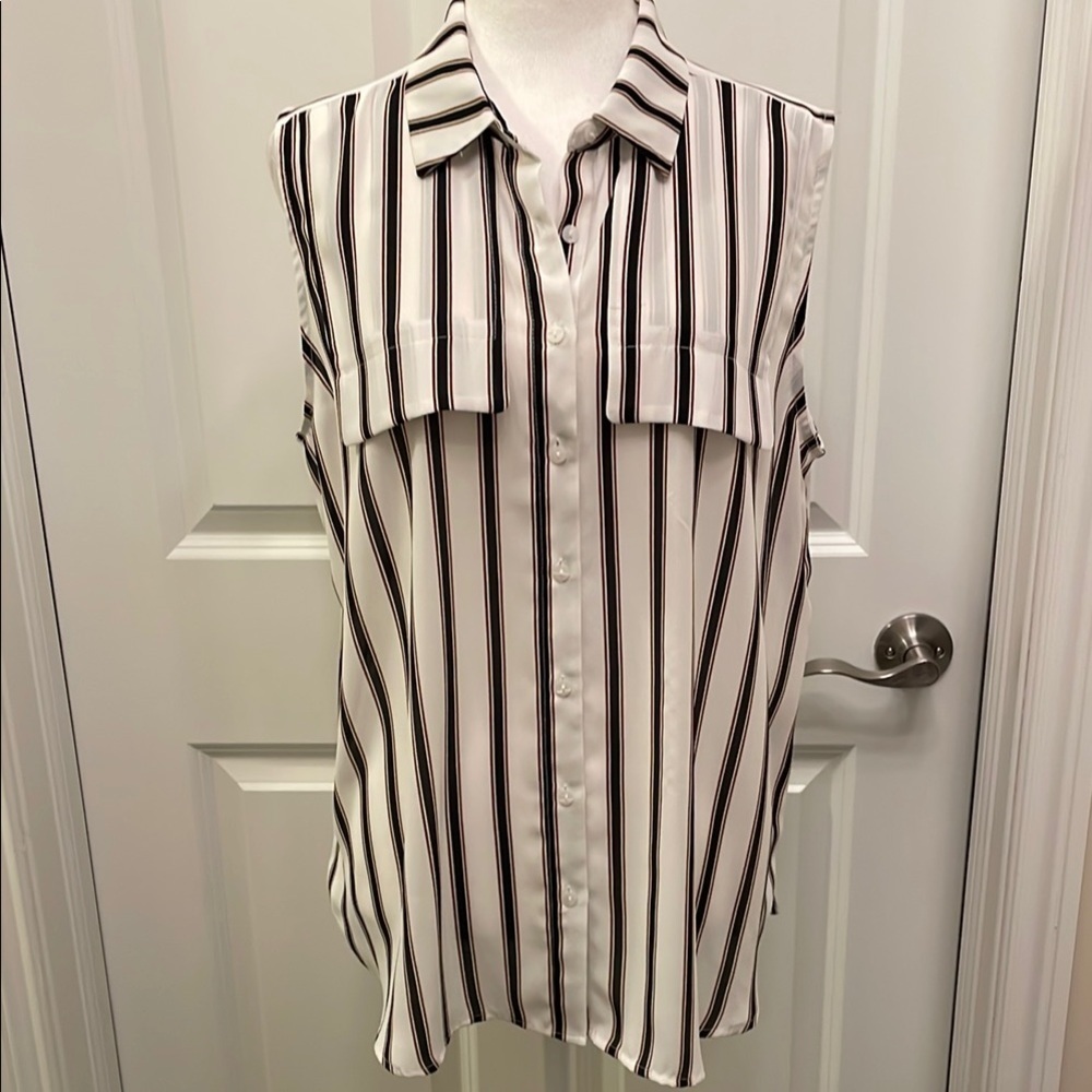 Worthington Sleeveless Button-Down Shirt Pockets Striped Black & White Large - Picture 2 of 14